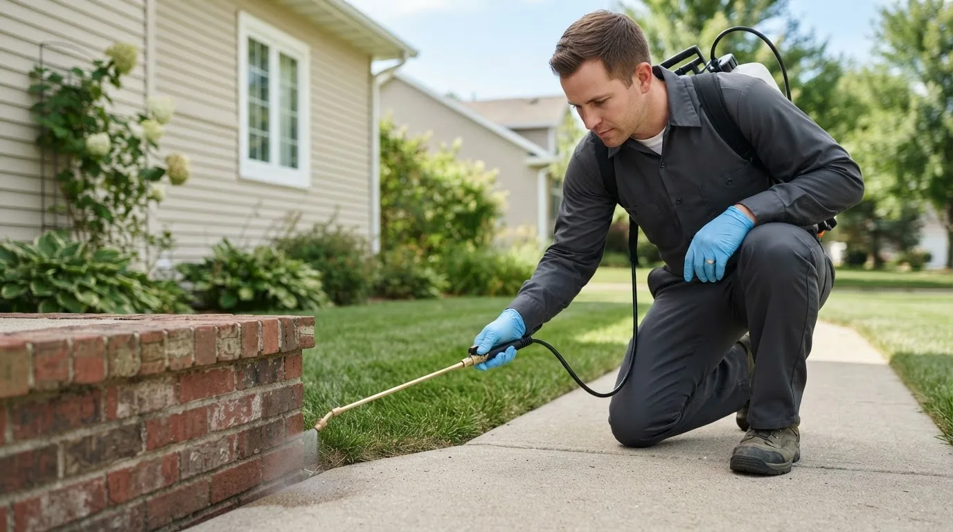 Pest control technician treating a home near South Vienna, OH
