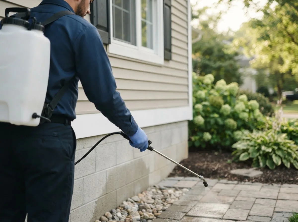 Pest control technician inspecting a home in South Vienna, OH